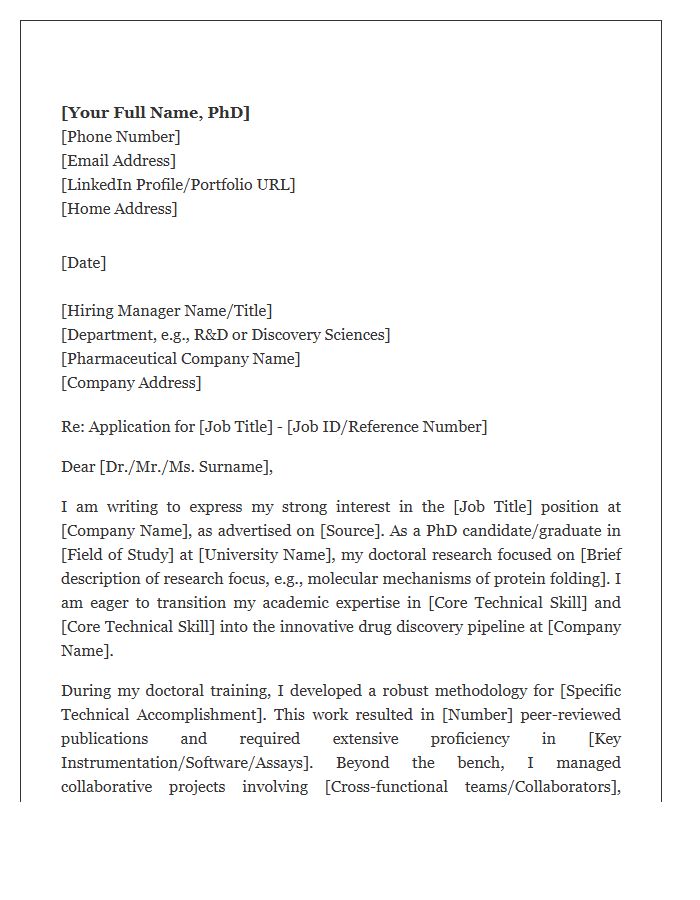 Academic PhD To Pharmaceutical Researcher Cover Letter Template