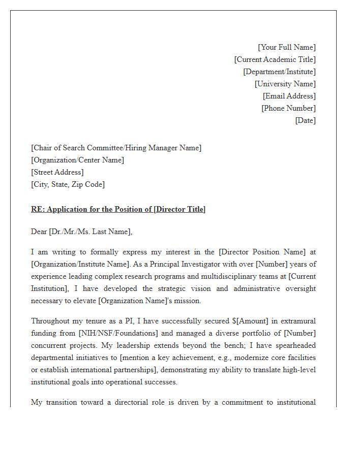Academic Principal Investigator Seeking Director Role Cover Letter Template