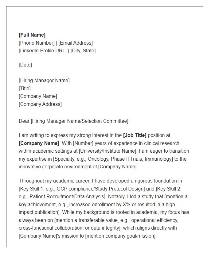 Clinical Researcher Academic To Industry Pivot Cover Letter Template