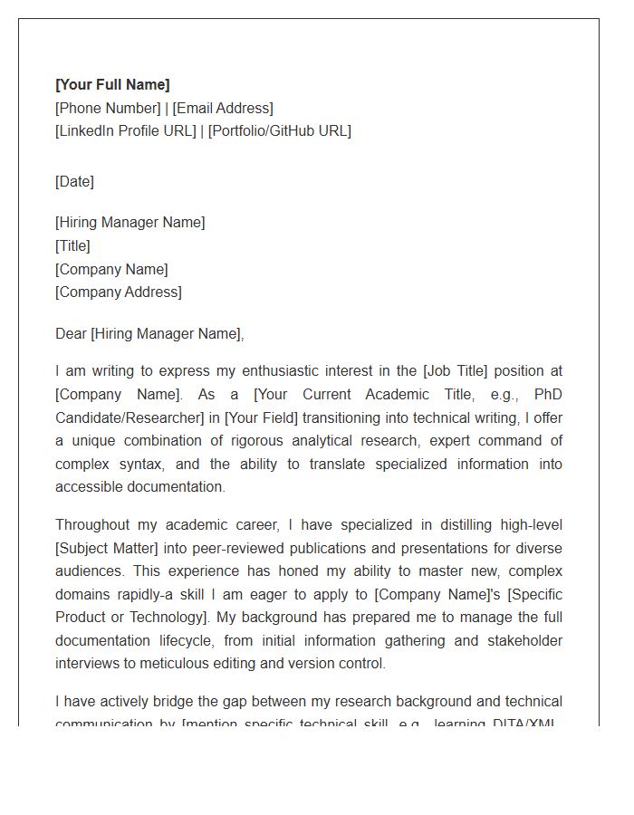 Humanities Researcher Transitioning To Technical Writing Cover Letter Template