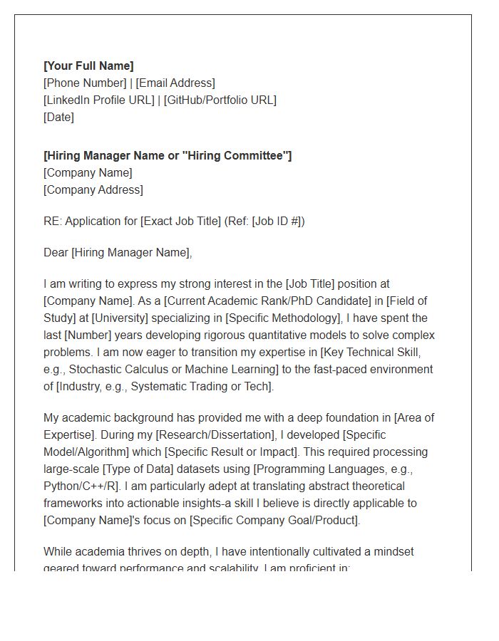 Quantitative Researcher Transitioning From Academia Cover Letter Template