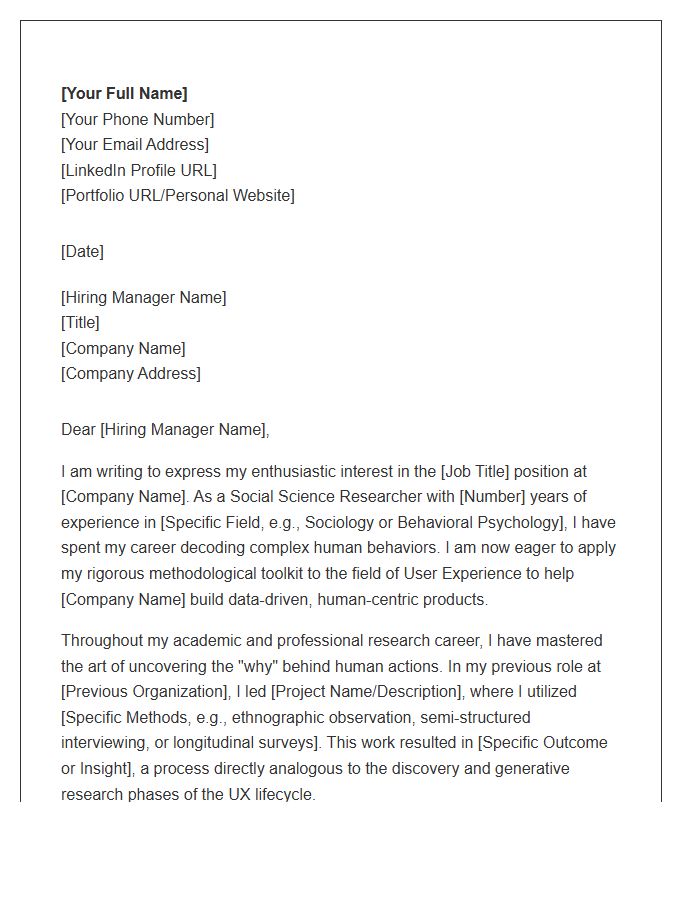 Social Science Researcher Moving To User Experience Cover Letter Template