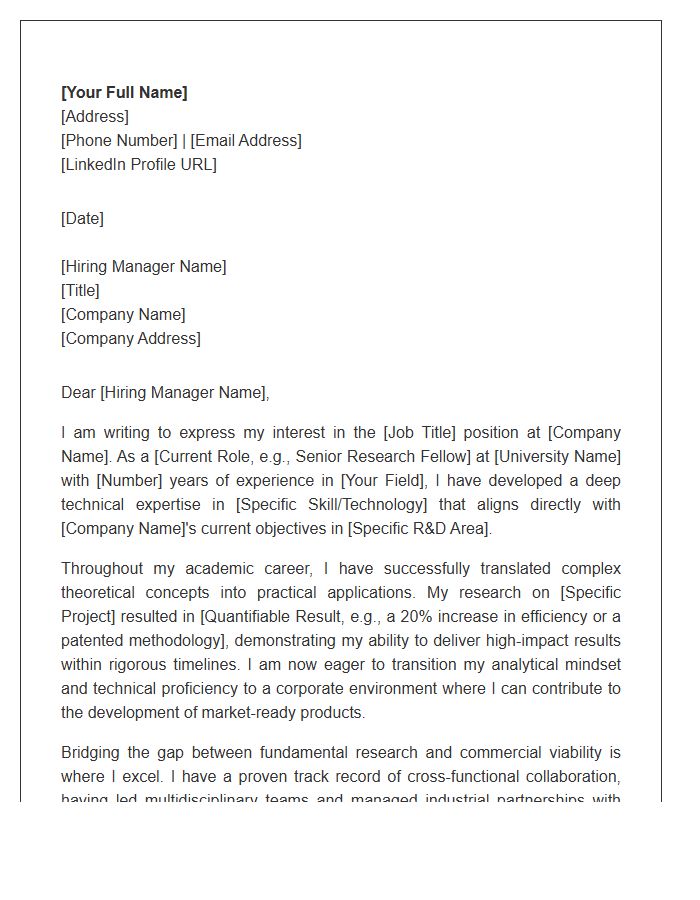 University Researcher To Corporate R&D Cover Letter Template