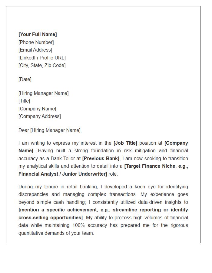 Analytical Bank Teller Transitioning To Finance Cover Letter Template