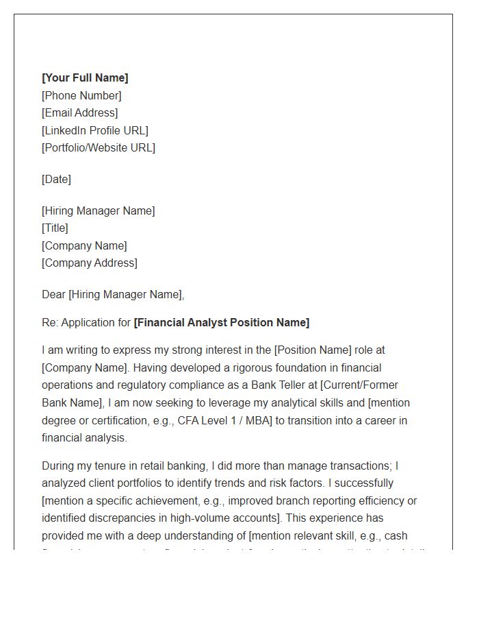 Bank Teller To Financial Analyst Career Change Cover Letter Template