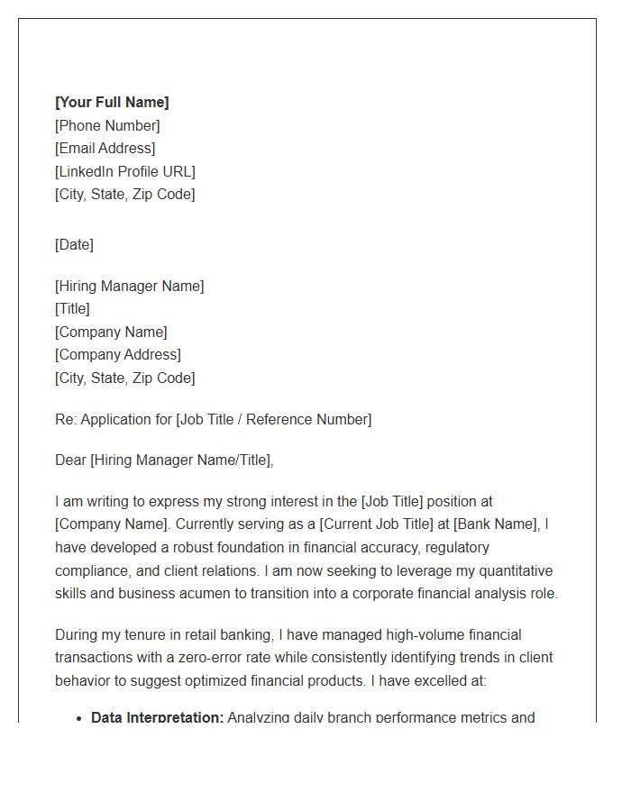 Bank Teller Transitioning To Corporate Financial Analysis Cover Letter Template