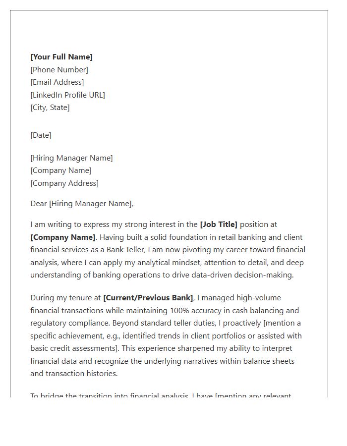 Career Pivot Bank Teller To Financial Analysis Cover Letter Template