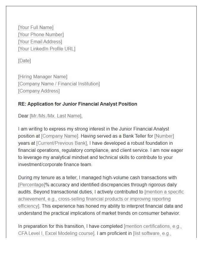 Junior Financial Analyst Cover Letter Template For Bank Tellers