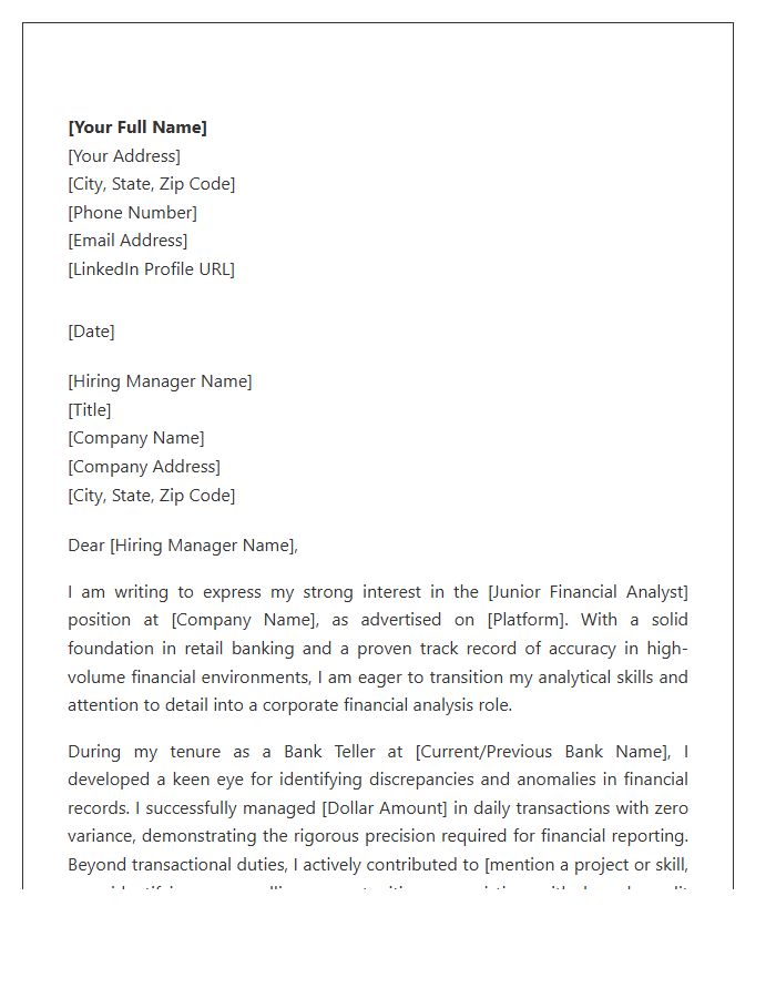 Professional Bank Teller To Junior Financial Analyst Cover Letter Template