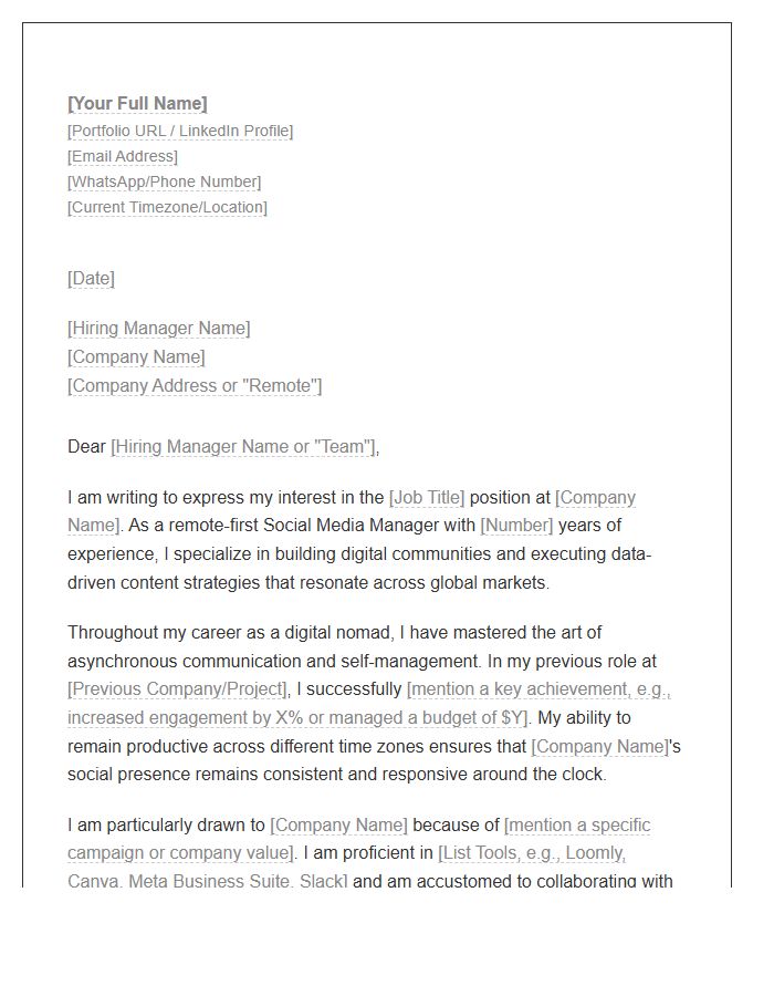 Digital Nomad Social Media Manager Cover Letter Template