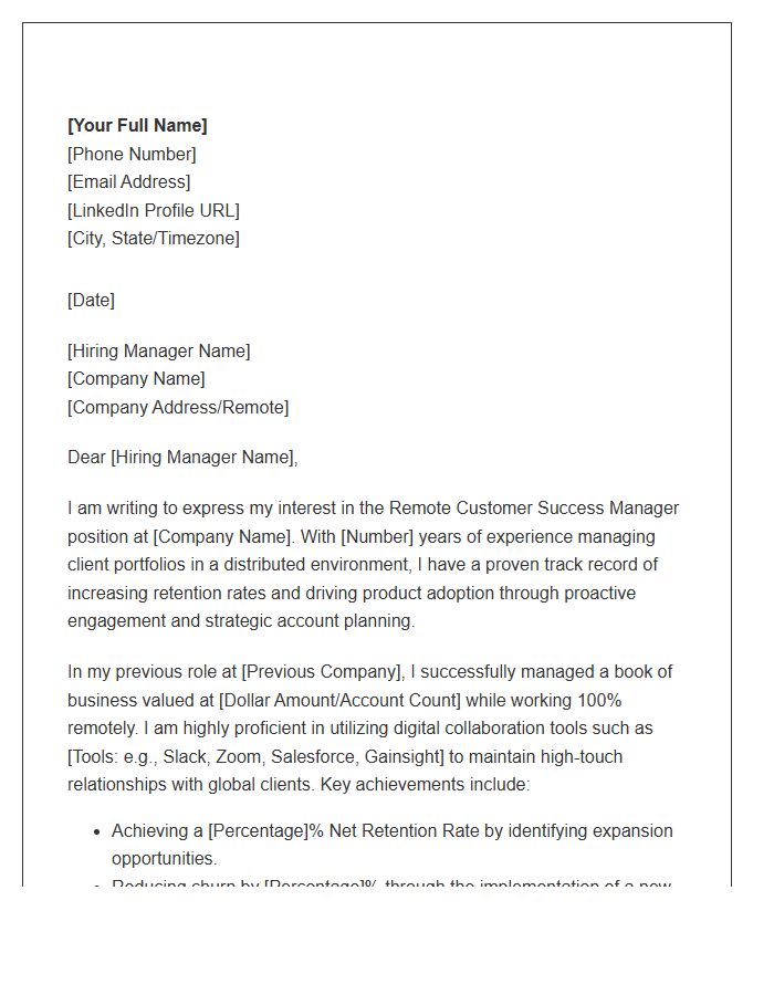 Remote Customer Success Manager Cover Letter Template
