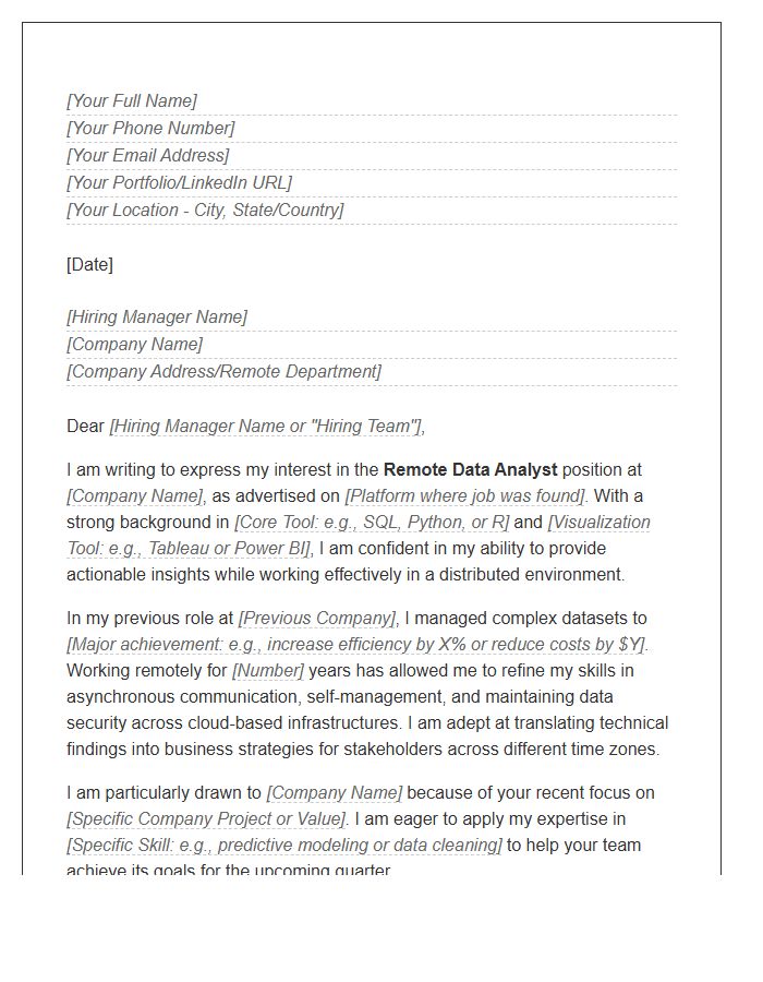 Remote Data Analyst Cover Letter Template