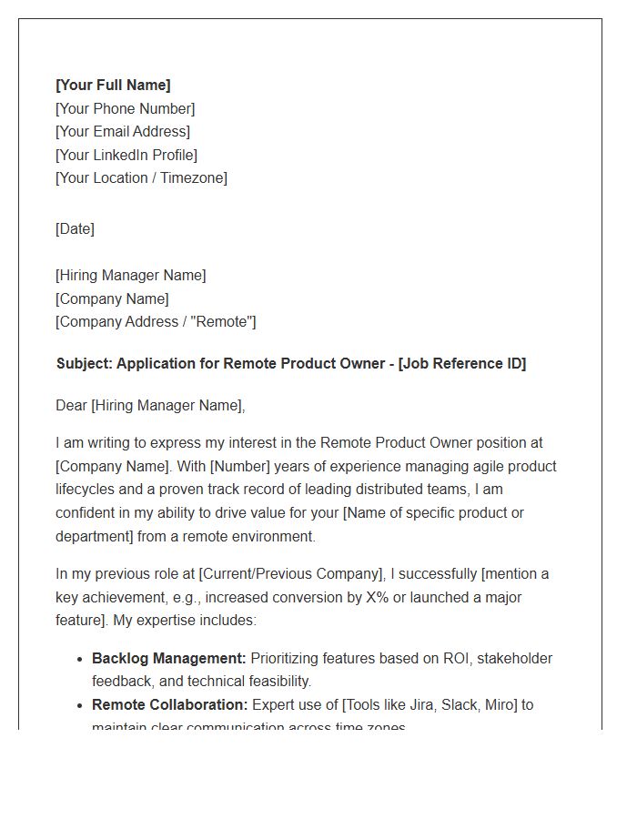 Remote Product Owner Cover Letter Template
