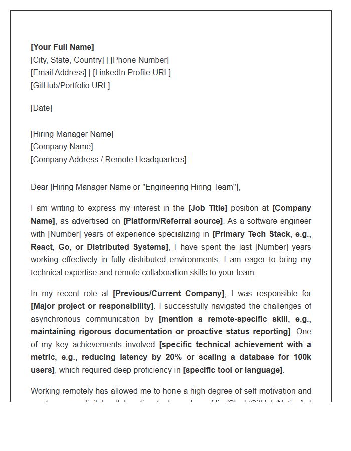 Remote Software Engineer Cover Letter Template