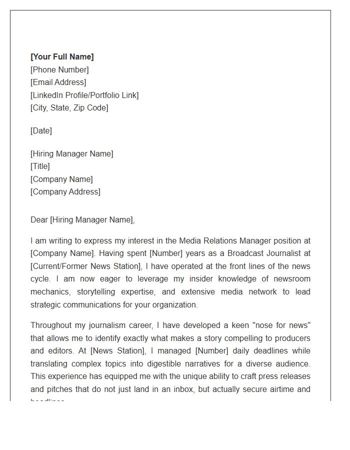 Broadcast Journalist To Media Relations Manager Cover Letter Template