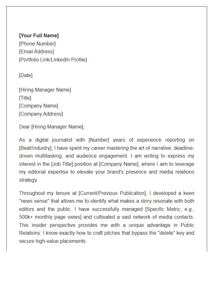 Digital Journalist To Public Relations Professional Cover Letter Template