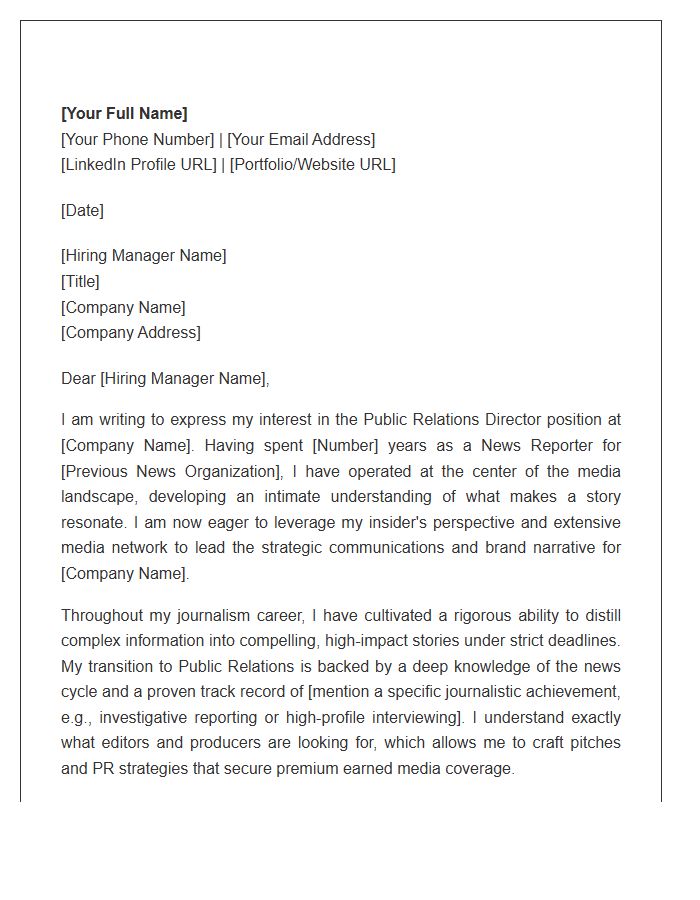 Former News Reporter To Public Relations Director Cover Letter Template