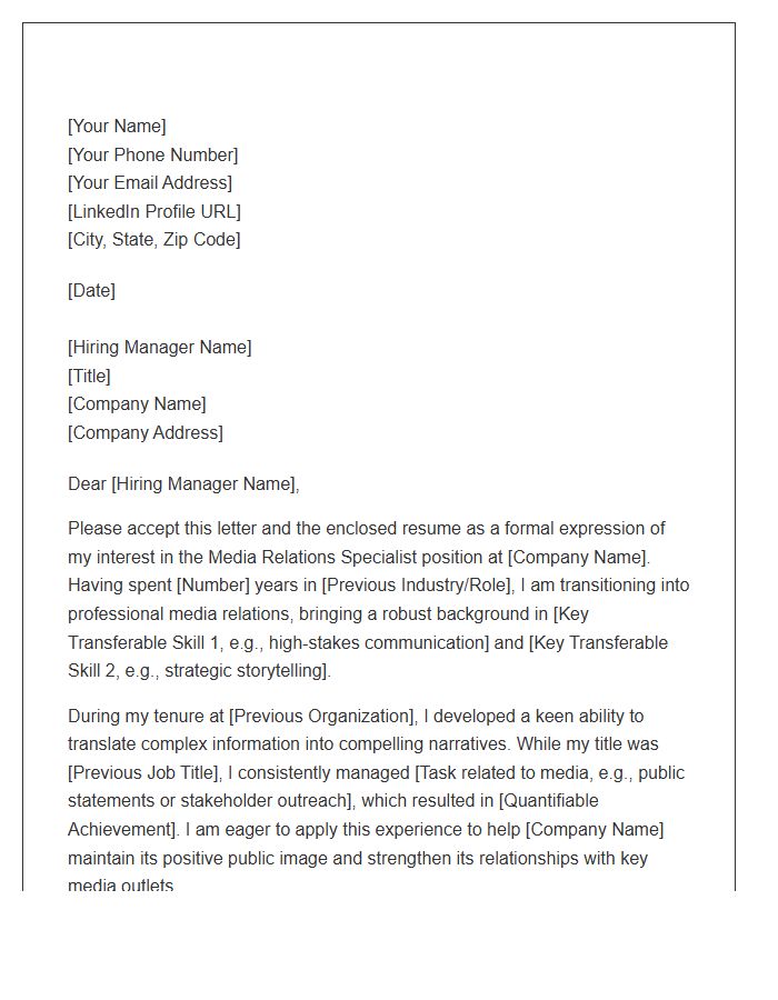 Media Relations Specialist Transition Cover Letter Template