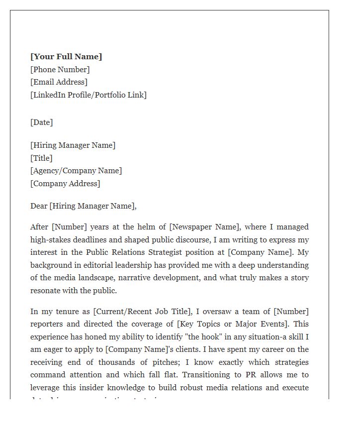 Newspaper Editor To Public Relations Strategist Cover Letter Template