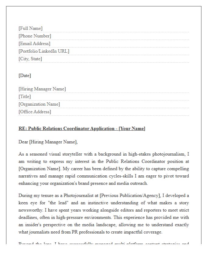 Photojournalist To Public Relations Coordinator Cover Letter Template