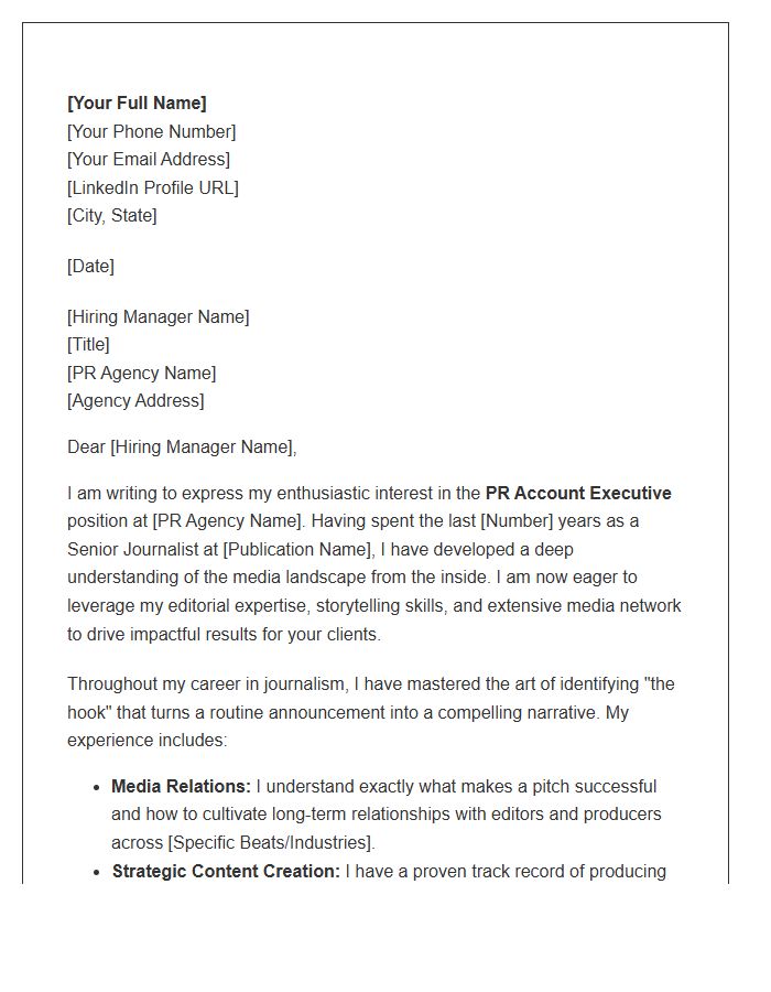 Senior Journalist To PR Account Executive Cover Letter Template