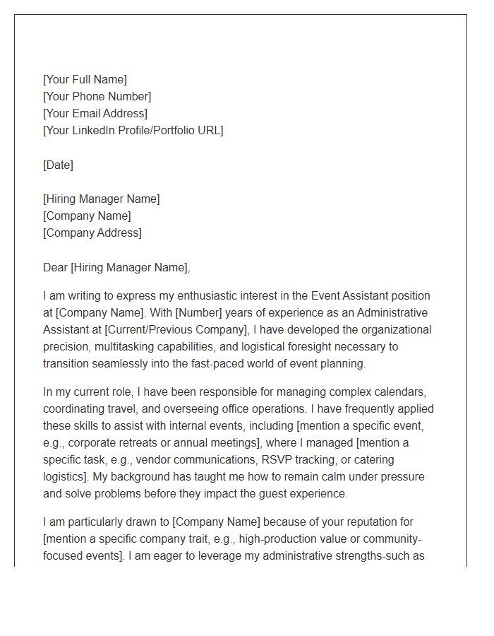 Administrative Assistant Applying For Event Assistant Cover Letter Template