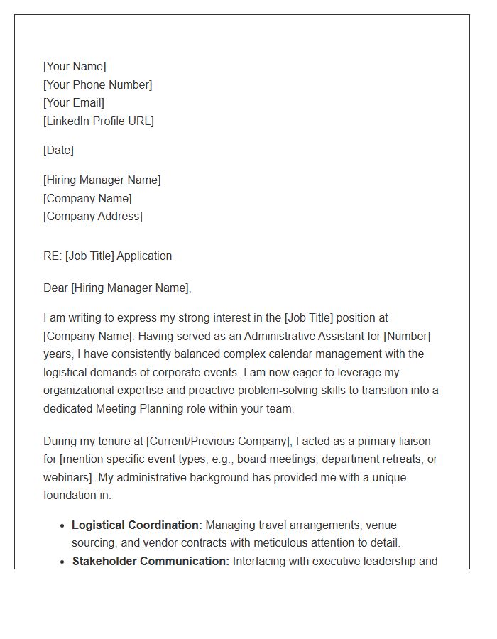 Administrative Assistant Bridging Into Meeting Planning Cover Letter Template