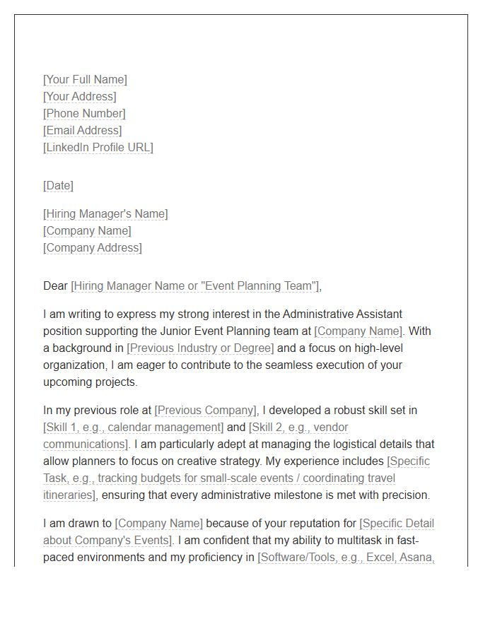 Administrative Assistant To Junior Event Planner Cover Letter Template