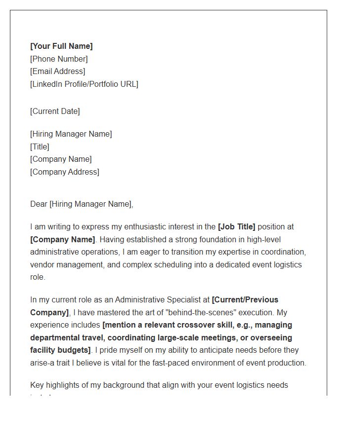 Administrative Specialist Moving Into Event Logistics Cover Letter Template