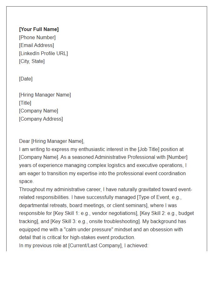 Career Change Administrative Professional To Event Coordinator Cover Letter Template