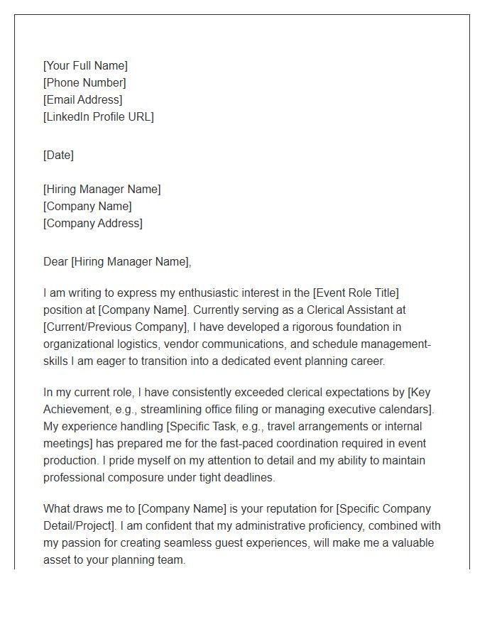 Clerical Assistant Seeking Event Planning Role Cover Letter Template
