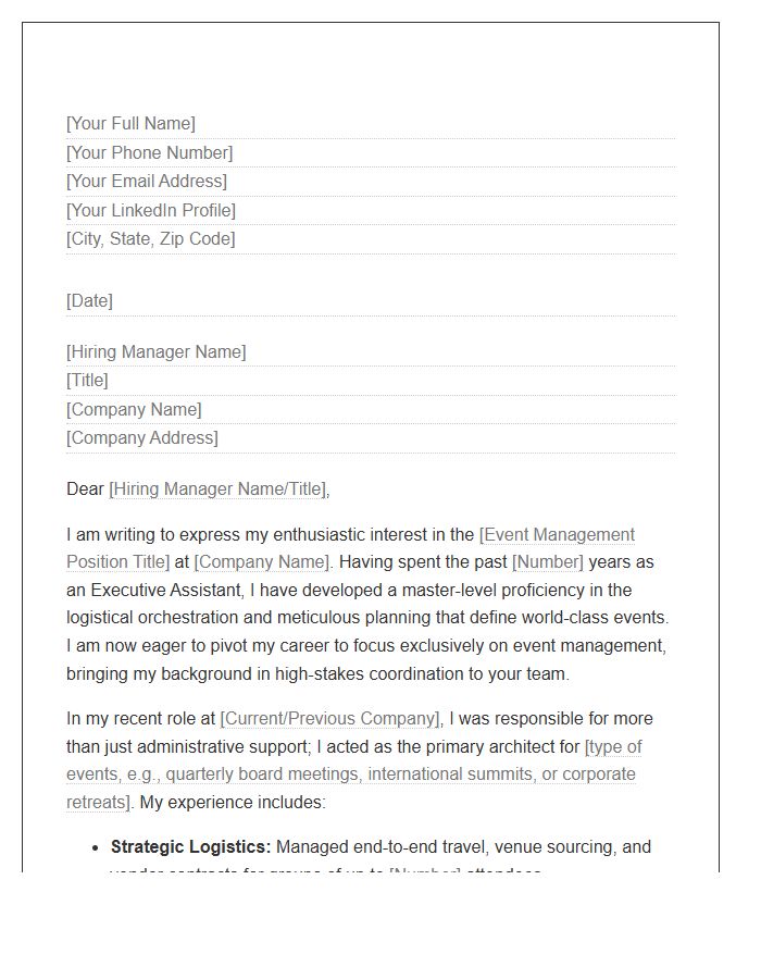 Executive Assistant Transitioning To Event Management Cover Letter Template
