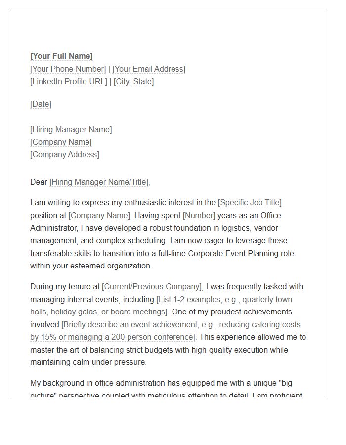 Office Administrator Pivoting To Corporate Event Planning Cover Letter Template