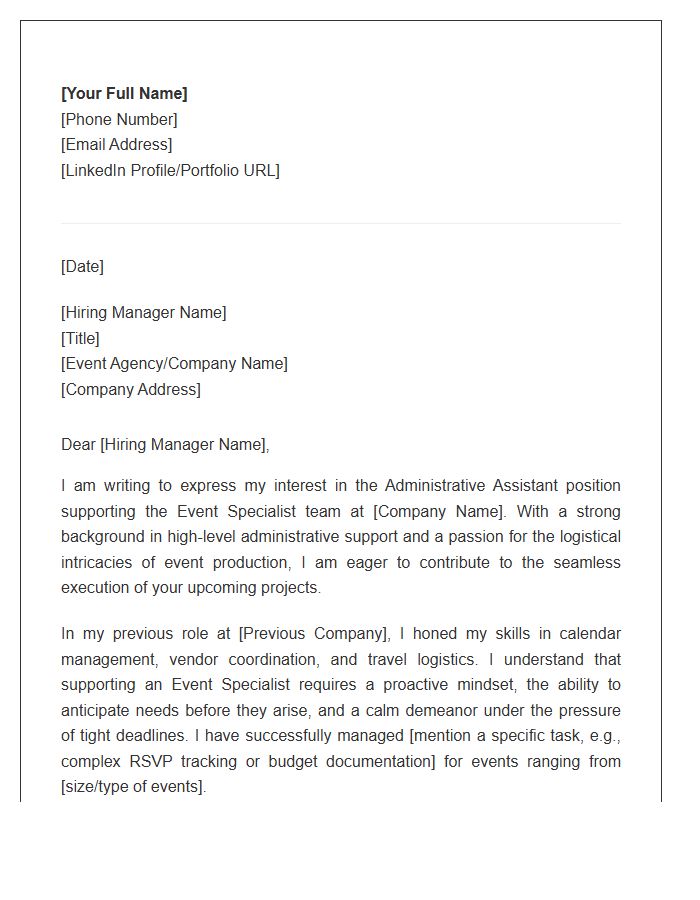 Professional Administrative Assistant To Event Specialist Cover Letter Template