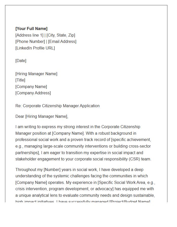 Corporate Citizenship Manager Cover Letter Template For Social Work Experience