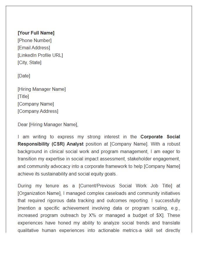 Corporate Social Responsibility Analyst Cover Letter Template For Career Changers In Social Work