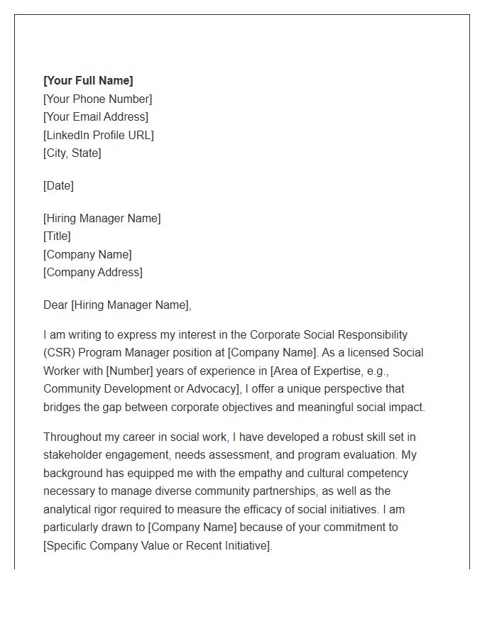 Corporate Social Responsibility Program Manager Cover Letter Template For Social Workers