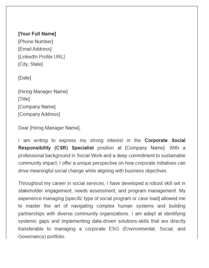 Corporate Social Responsibility Specialist Cover Letter Template For Social Work Backgrounds