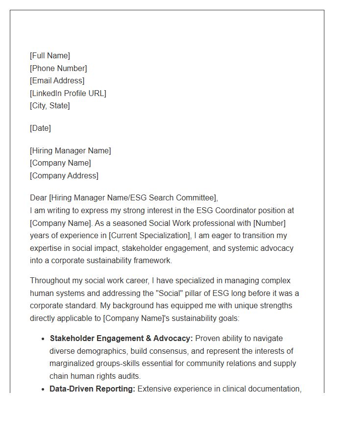 ESG Coordinator Cover Letter Template For Transitioning Social Work Professionals