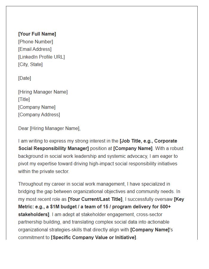 Social Work Leadership Transition To Corporate Social Responsibility Cover Letter Template