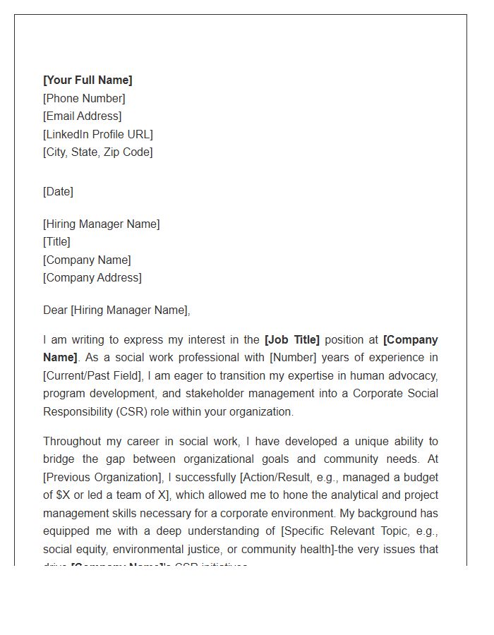 Social Work Professional Pursuing Corporate Social Responsibility Career Cover Letter Template