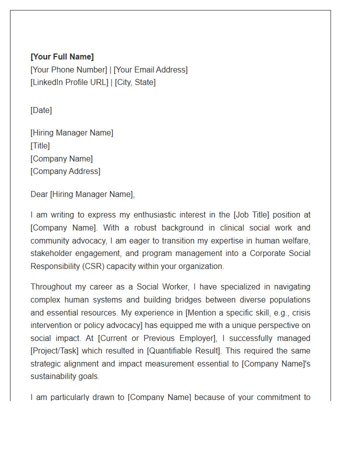 Social Worker Moving Into Corporate Social Responsibility Roles Cover Letter Template