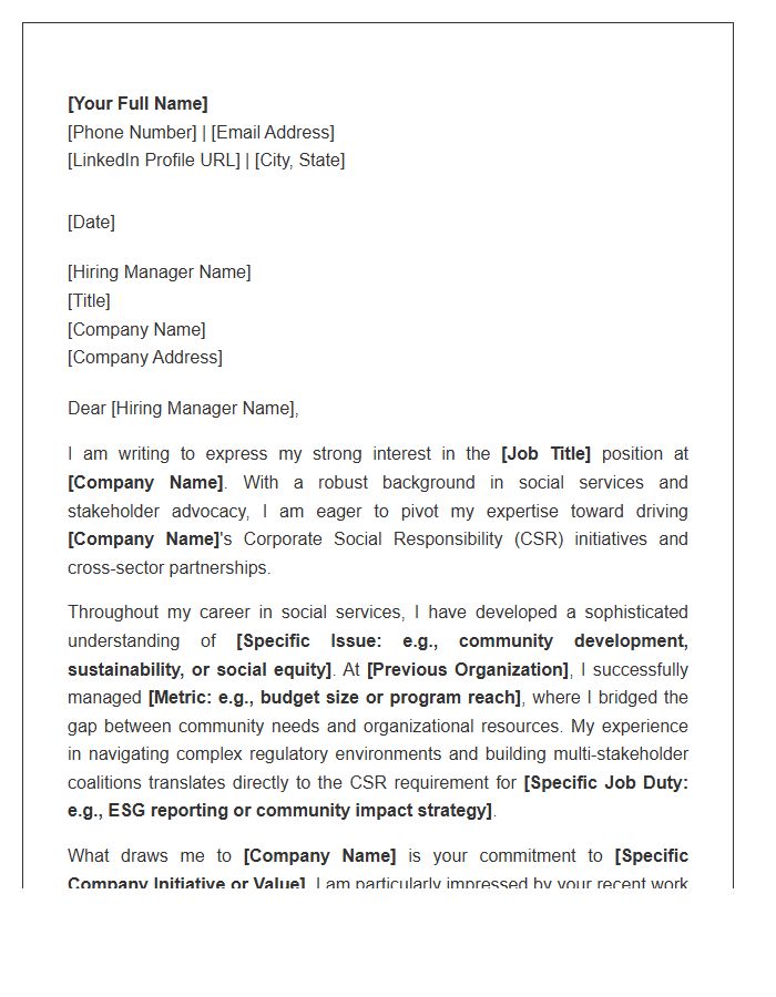 Strategic Transition From Social Services To Corporate Social Responsibility Cover Letter Template