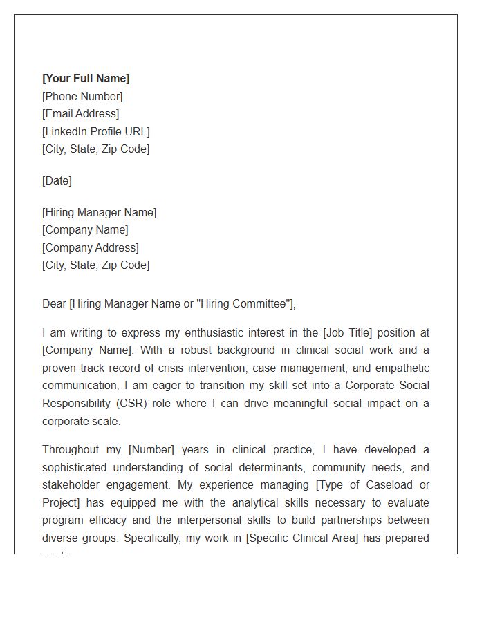 Transitioning From Clinical Social Work To CSR Professional Cover Letter Template