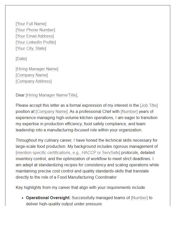 Chef Career Change To Food Manufacturing Coordinator Cover Letter Template