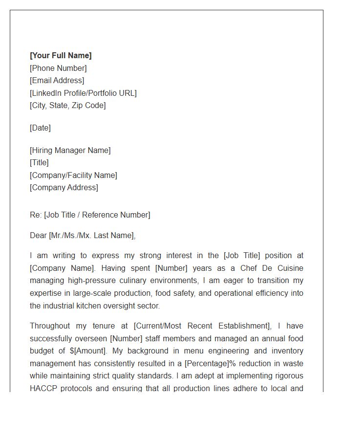 Chef De Cuisine Shifting To Industrial Kitchen Oversight Cover Letter Template