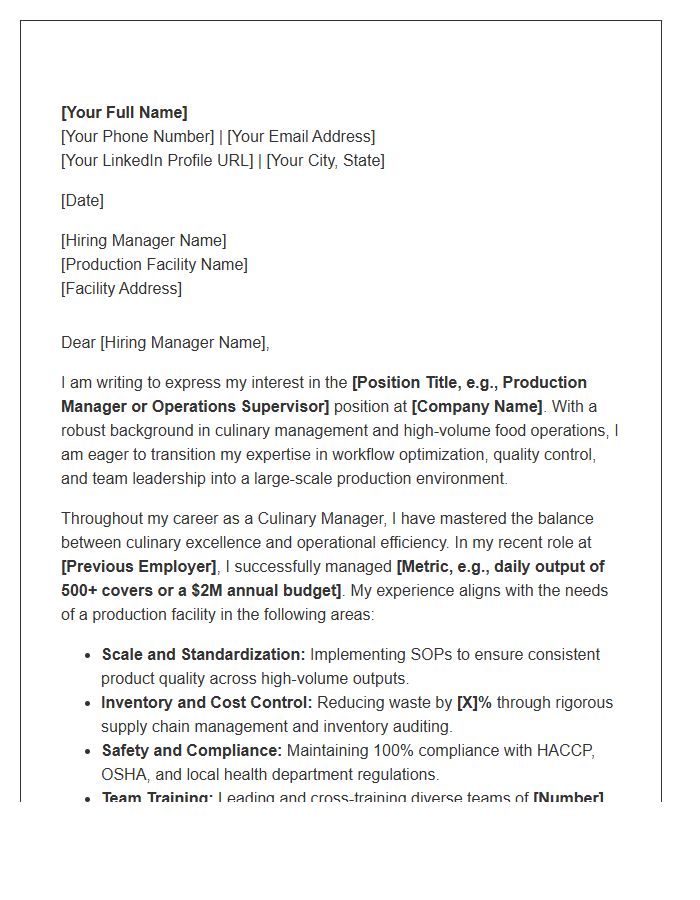 Culinary Manager Transitioning To Production Facility Cover Letter Template