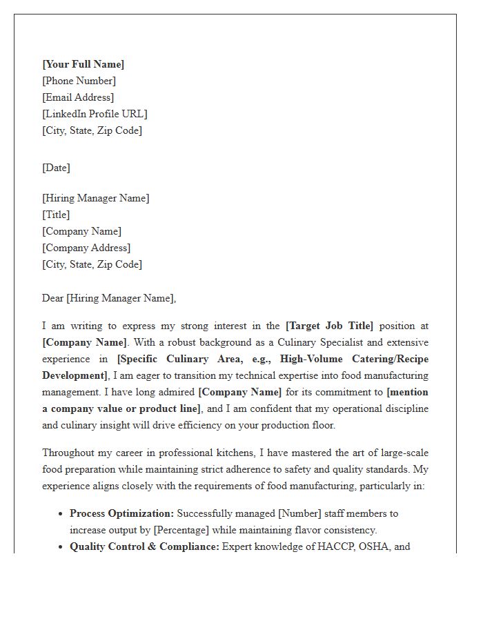 Culinary Specialist Entering Food Manufacturing Management Cover Letter Template