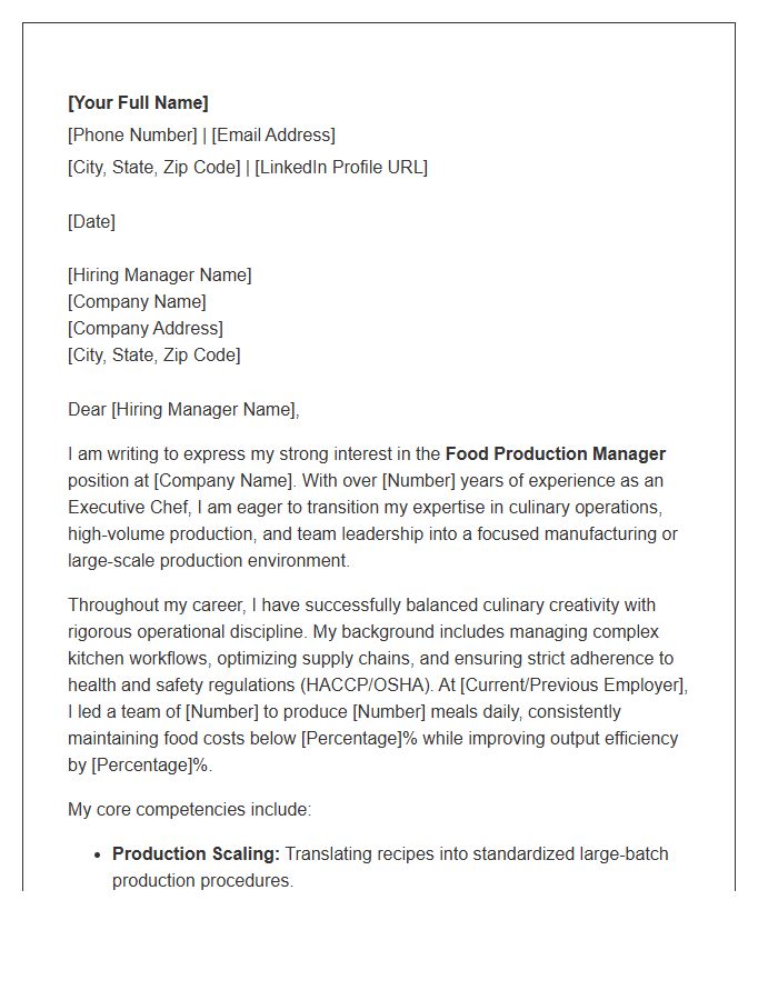 Executive Chef To Food Production Manager Cover Letter Template