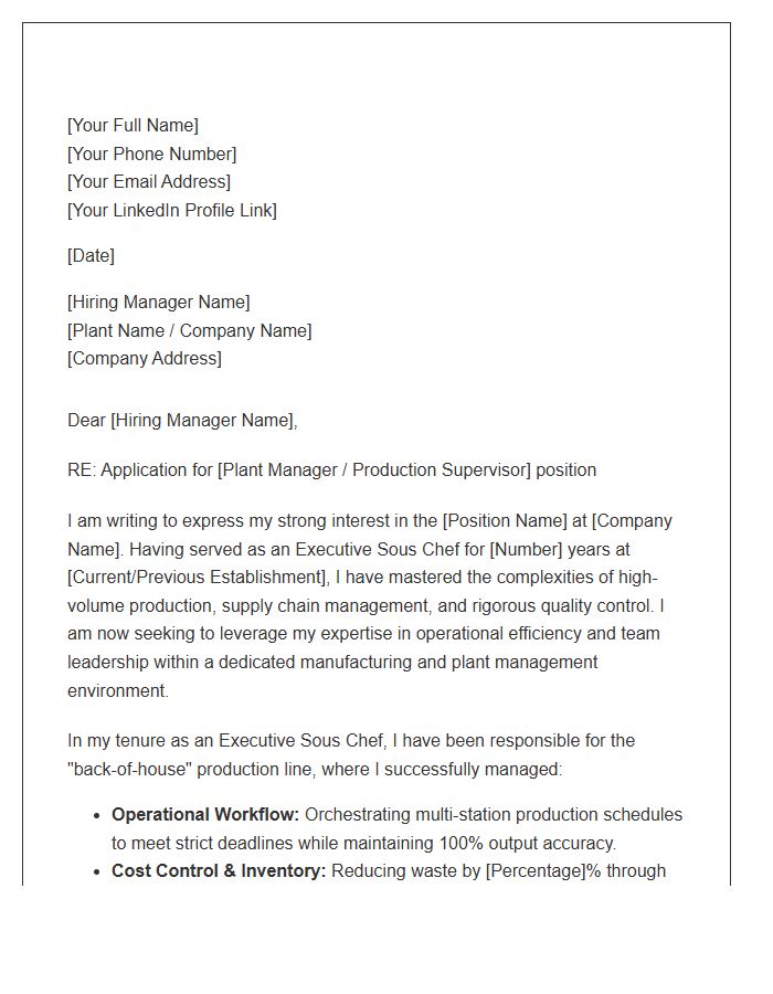 Executive Sous Chef Shift To Plant Management Cover Letter Template